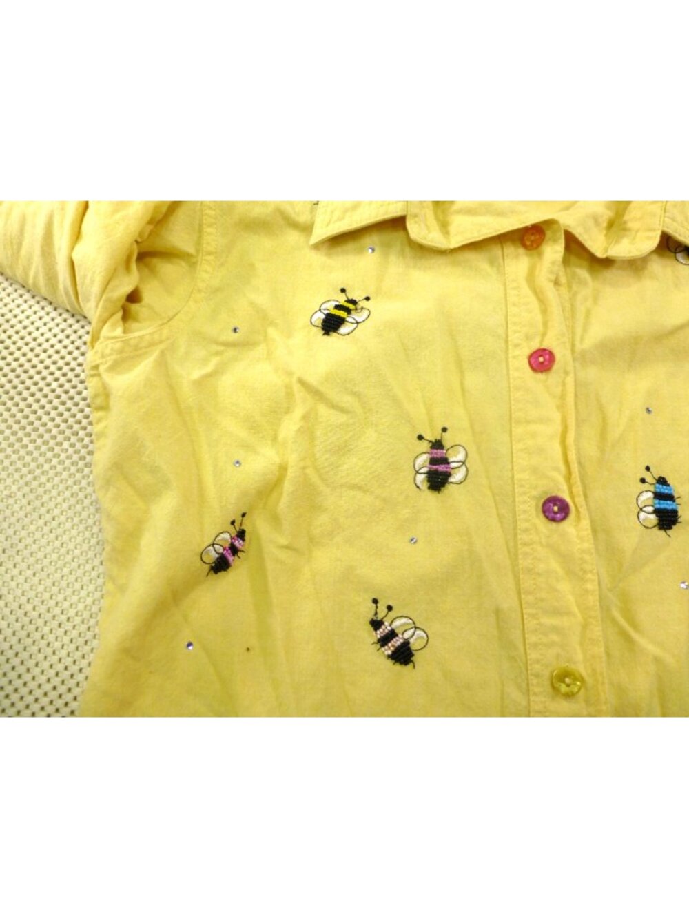 Bee-Themed Yellow Button-Up Shirt Quacker Factory Embroidery & Rhinestones L Lon - Picture 9 of 13